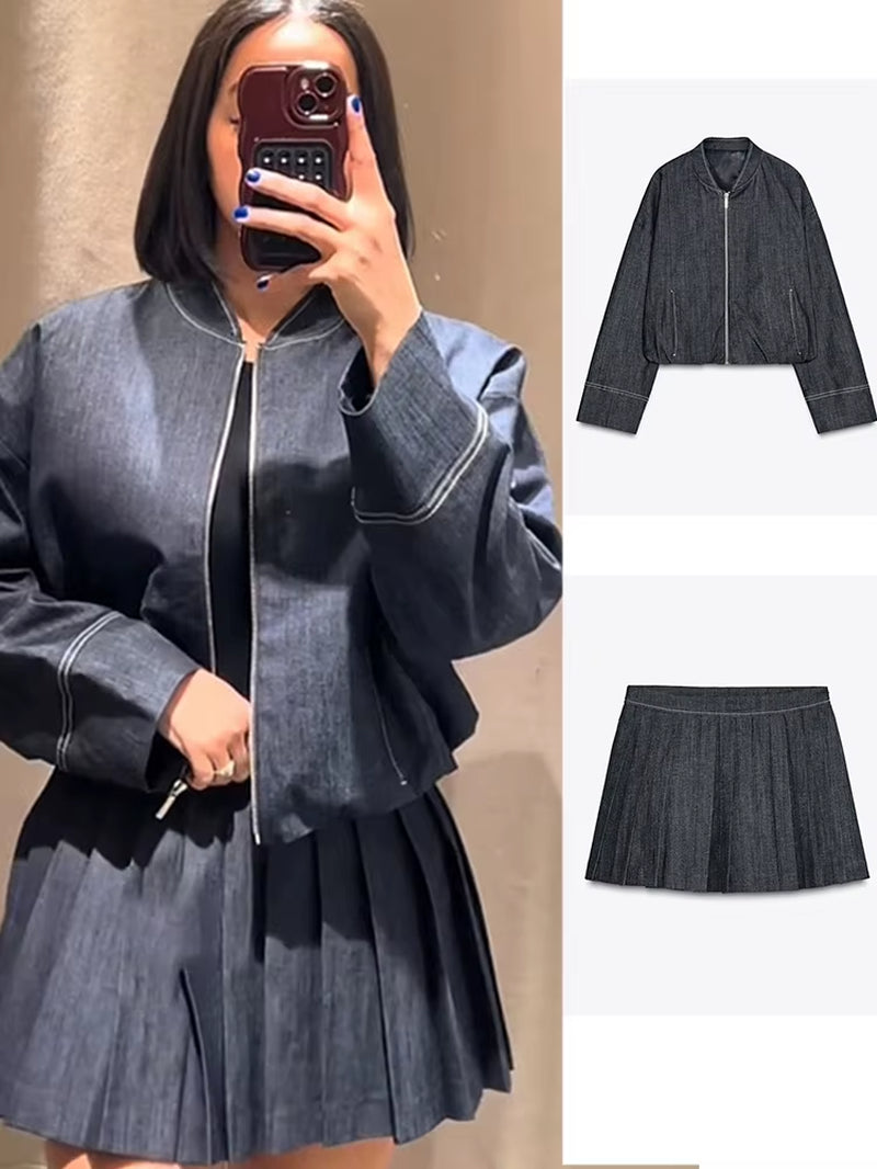 Denim Jacket Mini Skirt Set Slim Waist Bomber Long Sleeve Zipper Top High Waist A-Line Pleat Skirt Suit 2025 Spring Jeans Suit