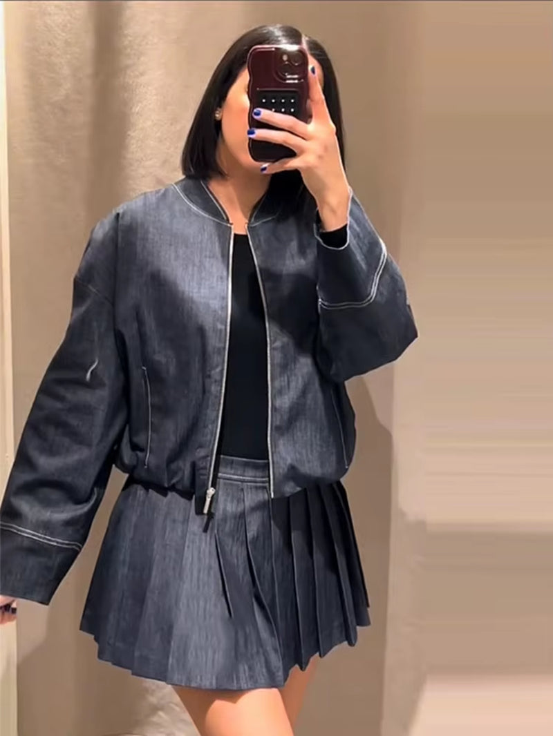 Denim Jacket Mini Skirt Set Slim Waist Bomber Long Sleeve Zipper Top High Waist A-Line Pleat Skirt Suit 2025 Spring Jeans Suit