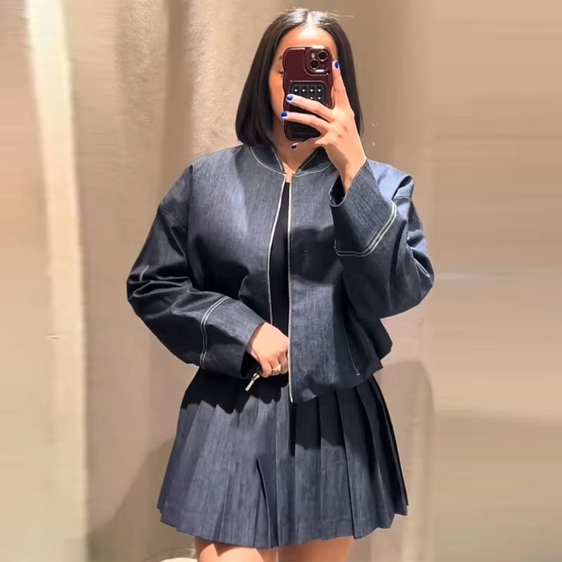Denim Jacket Mini Skirt Set Slim Waist Bomber Long Sleeve Zipper Top High Waist A-Line Pleat Skirt Suit 2025 Spring Jeans Suit