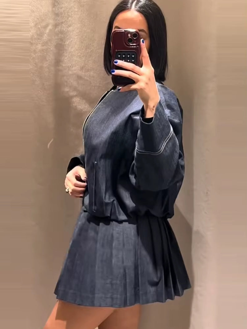 Denim Jacket Mini Skirt Set Slim Waist Bomber Long Sleeve Zipper Top High Waist A-Line Pleat Skirt Suit 2025 Spring Jeans Suit