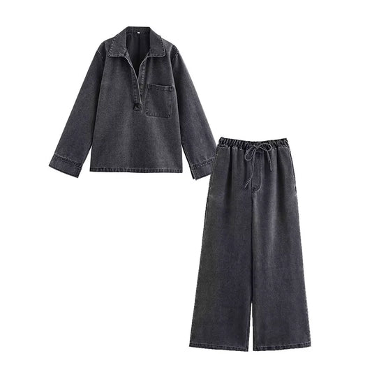 2024 Autumn Jeans Sets Women Turn-Down Collar Casual Top Fashion High Waist Streetwear Female Denim Pant Two Piece Set